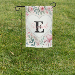 Monogram name Vintage hearts floral watercolor  Garden Flag