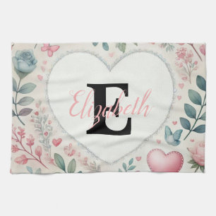 Monogram name Vintage hearts floral watercolor  Kitchen Towel