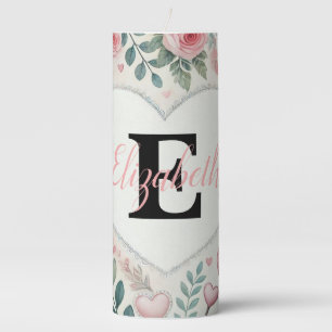 Monogram name Vintage hearts floral watercolor Pillar Candle