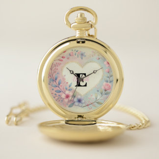 Monogram name vintage hearts floral watercolor pocket watch