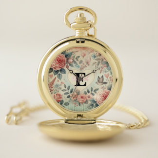 Monogram name vintage hearts floral watercolor pocket watch