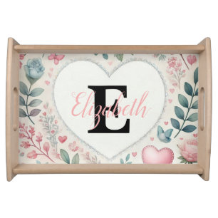 Monogram name Vintage hearts floral watercolor Serving Tray