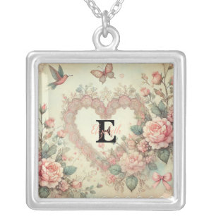 Monogram name vintage hearts floral watercolor  silver plated necklace