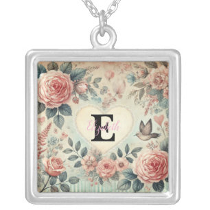 Monogram name vintage hearts floral watercolor  silver plated necklace