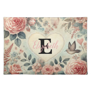 Monogram name vintage romantic hearts pink floral cloth placemat