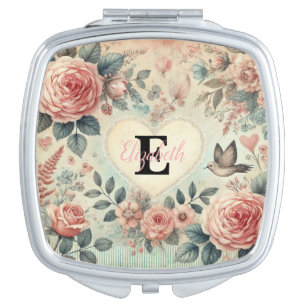 Monogram name vintage romantic hearts pink floral compact mirror