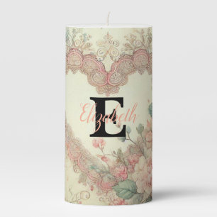 Monogram name vintage romantic hearts pink floral pillar candle