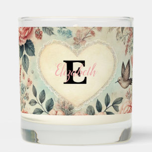 Monogram name vintage romantic hearts pink floral scented candle