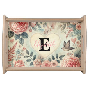 Monogram name vintage romantic hearts pink floral serving tray