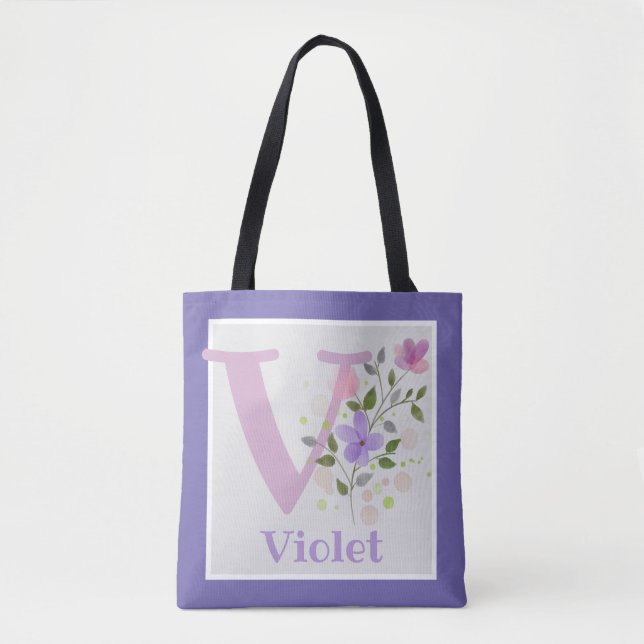 Monogram & Name Violet with Flowers Tote Bag (Front)