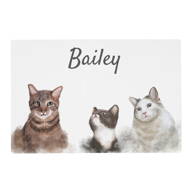 Monogram Name Watercolor Cat Kitten Placemat (Front)