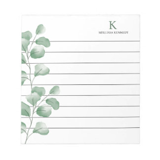 Monogram Name Watercolor Eucalyptus Black Lined Notepad