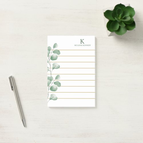 Monogram Name Watercolor Eucalyptus Gold Lined Post_it Notes