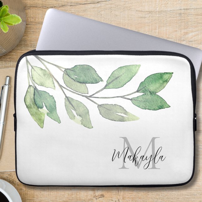 Monogram Name Watercolor Greenery Laptop Sleeve (Creator Uploaded)