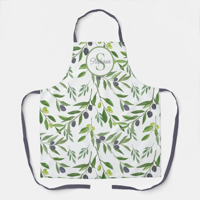 Monogram Name Watercolor Olive Pattern Apron (Front)