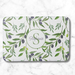 Monogram Name Watercolor Olive Pattern Bath Mat