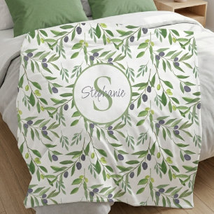 Monogram Name Watercolor Olive Pattern Fleece Blanket