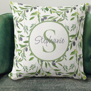 Monogram Name Watercolor Olive Pattern Throw Pillow