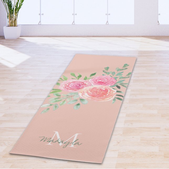 Monogram Name Watercolor Pink Floral Yoga Mat (Creator Uploaded)
