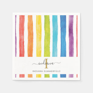 Monogram Name Watercolor Rainbow Colorful Stripes Napkins
