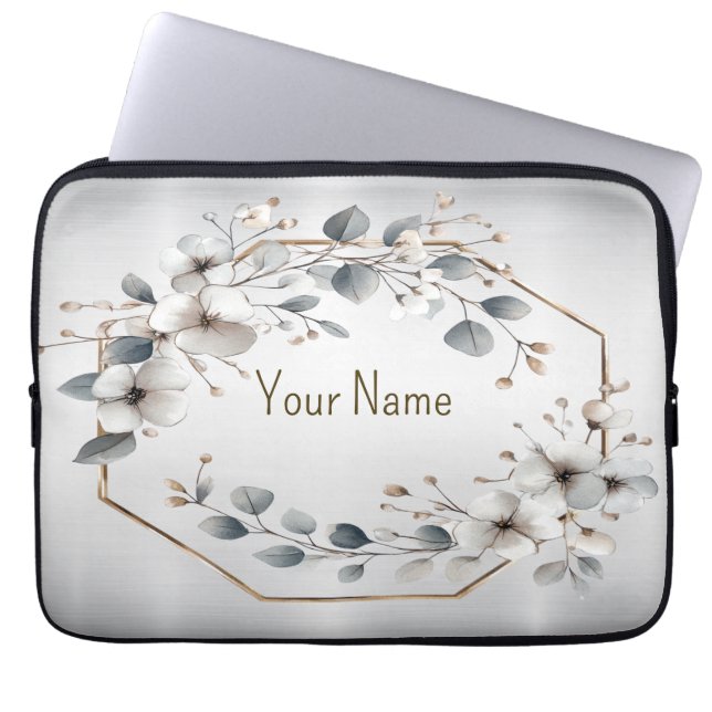 Monogram Name Watercolor White Flower Golden Frame Laptop Sleeve (Front)