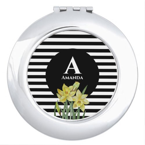 Monogram Name Watercolor Yellow Black White Stripe Compact Mirror