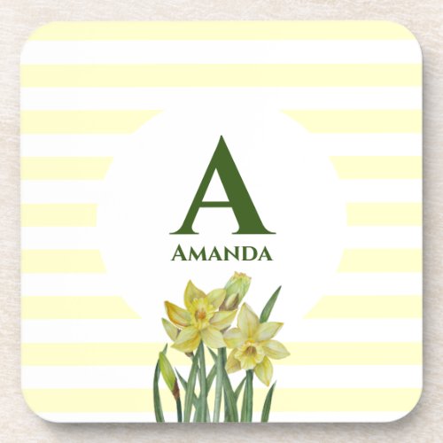 Monogram Name Watercolor Yellow Daffodils Stripes Beverage Coaster