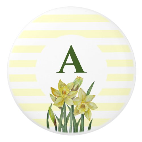 Monogram Name Watercolor Yellow Daffodils Stripes Ceramic Knob