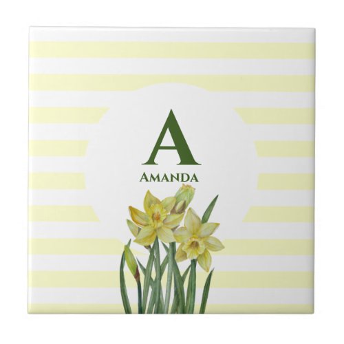 Monogram Name Watercolor Yellow Daffodils Stripes Ceramic Tile