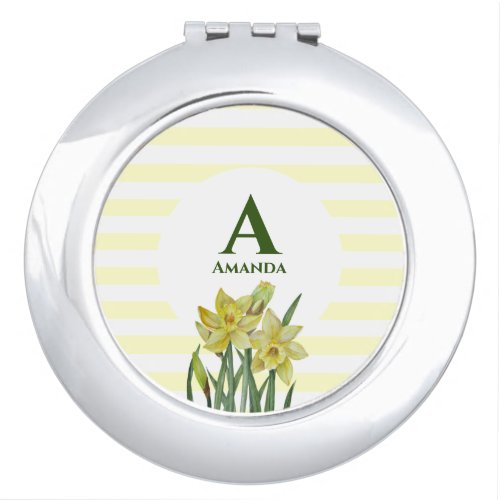 Monogram Name Watercolor Yellow Daffodils Stripes Compact Mirror