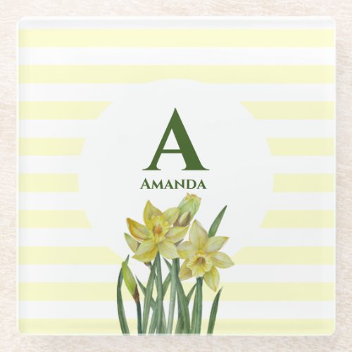 Monogram Name Watercolor Yellow Daffodils Stripes Glass Coaster