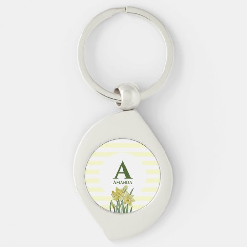 Monogram Name Watercolor Yellow Daffodils Stripes Keychain