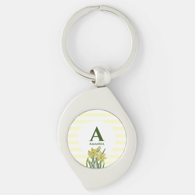 Monogram Name Watercolor Yellow Daffodils Stripes Keychain (Front)