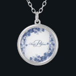 Monogram Name Wedding Gift Floral Blue Silver Plated Necklace<br><div class="desc">Monogram Name Wedding Gift Floral Blue Silver Plated Necklace. Unique,  beautiful,  stylish design. Easy to be personalized. Font style,  size and colors can be changed. Matching items available.</div>