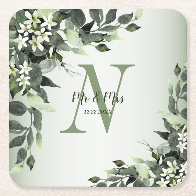 Monogram Name Wedding Greenery Floral Leaves Square Paper Coaster (Front)