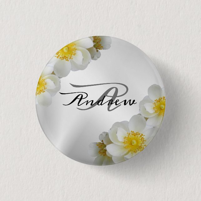 Monogram Name Wedding Party Gift Floral White Button (Front)