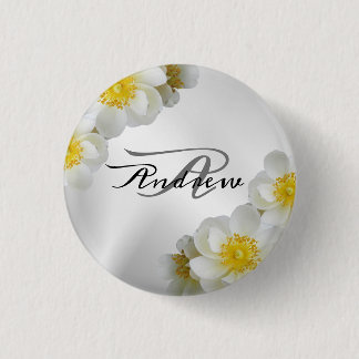 Monogram Name Wedding Party Gift Floral White Button