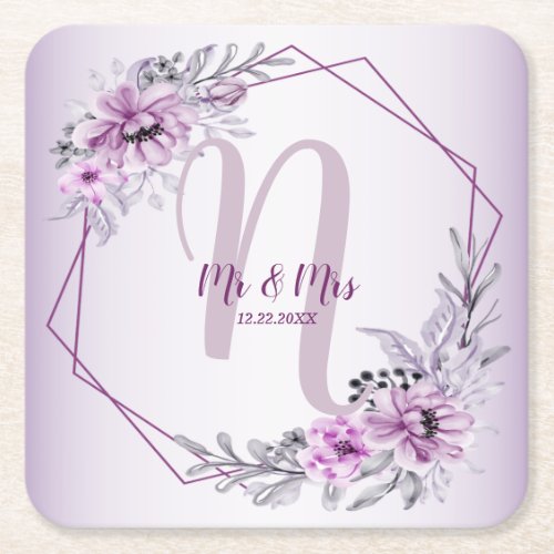 Monogram Name Wedding Pink Floral Violet Purple Square Paper Coaster