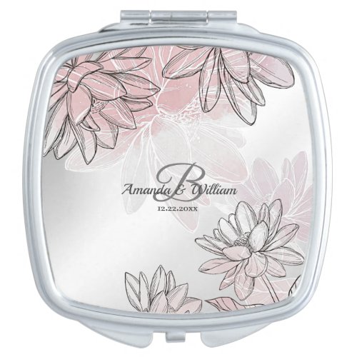 Monogram Name Wedding Pink Flowers Watercolor Compact Mirror