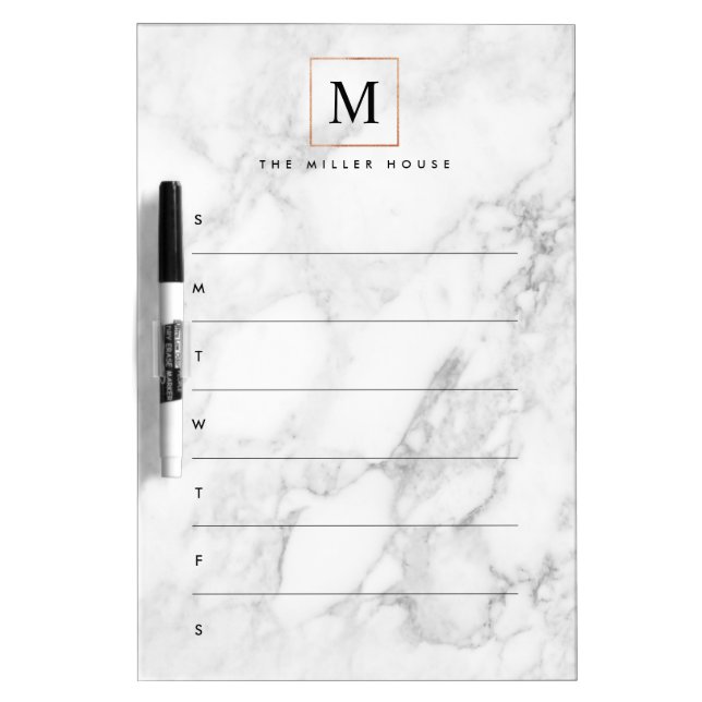 Monogram Name Weekly Menu Marble Look Dry Erase Board (Front)