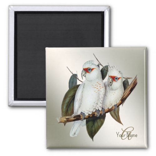 Monogram Name White Birds Cockatoo Green Leaves Magnet