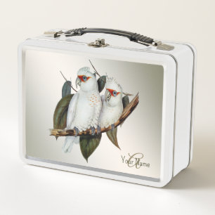 Monogram Name White Birds Cockatoo Green Leaves Metal Lunch Box