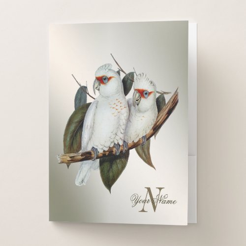 Monogram Name White Birds Cockatoo Green Leaves Pocket Folder