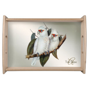 Monogram Name White Birds Cockatoo Green Leaves Serving Tray