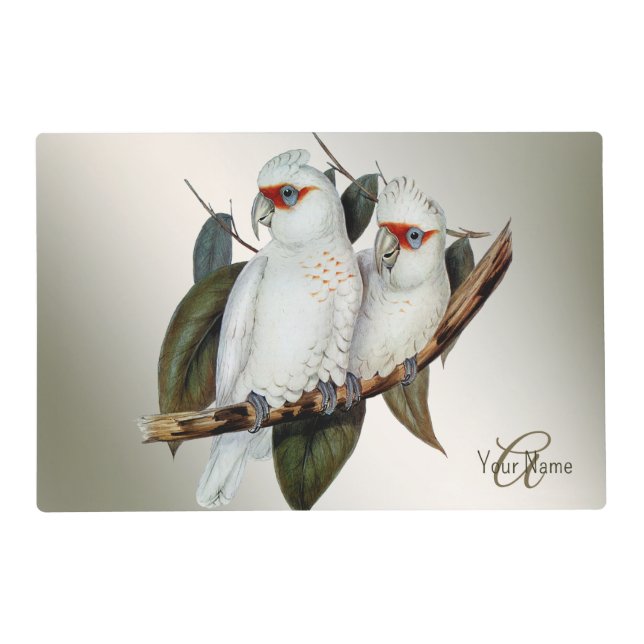 Monogram Name White Birds Green Leaves Paper Placemat (Front)