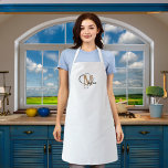 Monogram name white black gold apron<br><div class="desc">A stylish white background. Personalize and add your first name and monogram initial.   Black and golden text.</div>