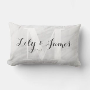 Monogram Name White Gray Marble Wedding Keepsake Lumbar Pillow