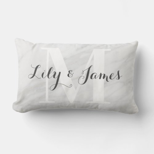 Monogram Name White Gray Marble Wedding Keepsake Lumbar Pillow