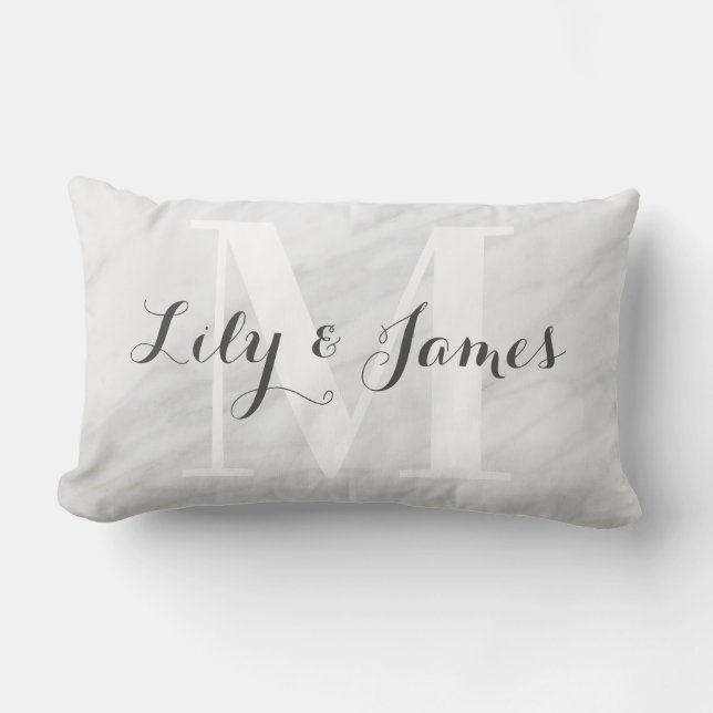 Monogram Name White Gray Marble Wedding Keepsake Lumbar Pillow (Front)