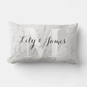 Monogram Name White Gray Marble Wedding Keepsake Lumbar Pillow